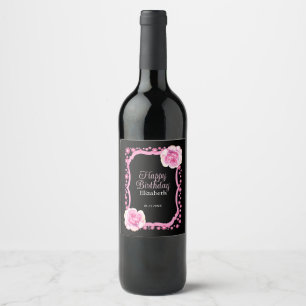 Etiqueta Para Botella De Vino Elegante Rosa Floral Rosa Negro Feliz cumpleaños