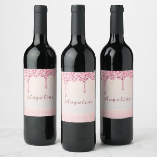 Etiqueta Para Botella De Vino Elegante Rosa Glam Glitter Drip