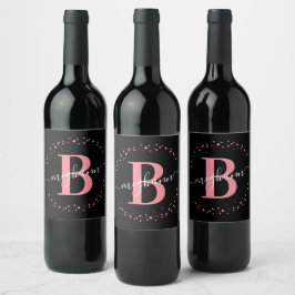 Etiqueta Para Botella De Vino Elegante Rosa Negro Nombre Monograma Script 