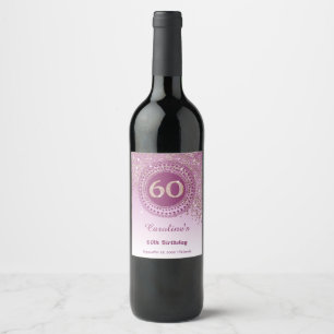 Etiqueta Para Botella De Vino Elegante Rosa  Oro Purpurina 60 cumpleaños