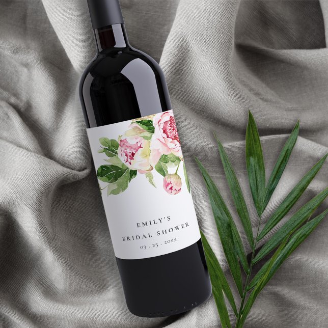 Etiqueta Para Botella De Vino Elegante Rosa Verde Peonía Floral Baño Nupcial (Subido por el creador)