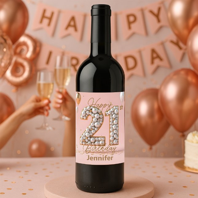 Etiqueta Para Botella De Vino Elegante rosado y dorado por los 21 años (Subido por el creador)