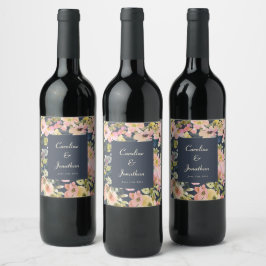 Etiqueta Para Botella De Vino Elegante Rubor y Navy Floral Custom Wedding