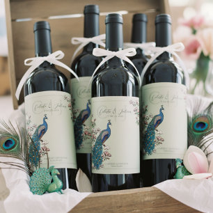 Etiqueta Para Botella De Vino Elegante Sage Floral Peacock Boda Vino