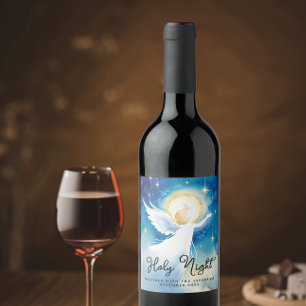 Etiqueta Para Botella De Vino Elegante Santa Noche Azul Guardian Ángel Acuarela