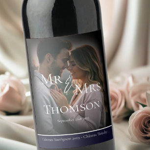 Etiqueta Para Botella De Vino Elegante Sr. y Sra. foto boda de invierno de la ma