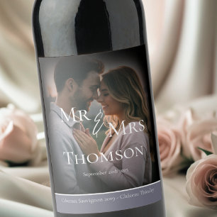 Etiqueta Para Botella De Vino Elegante Sr. y Sra. foto triste boda de invierno g