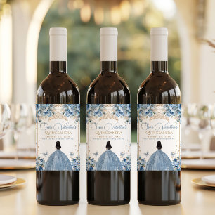 Etiqueta Para Botella De Vino Elegante Tiara de Princesa Quinceañera Azul Bebé D
