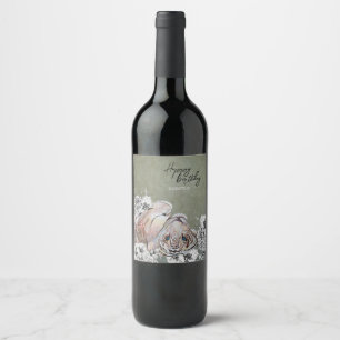 Etiqueta Para Botella De Vino Elegante Tigre Botánico Floral Sage Gold Cumpleaño