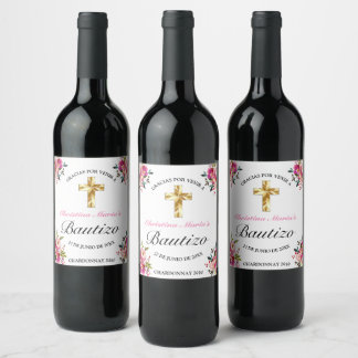 Etiqueta Para Botella De Vino Elegante Tinta Floral Bautizo Cruz De Oro