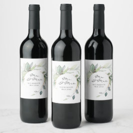 Etiqueta Para Botella De Vino Elegante Verde Eucalipto Dorado Sr. & Sra.