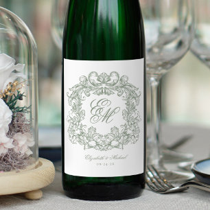 Etiqueta Para Botella De Vino Elegante Verde Salvia Monograma Cresta Bodas Vinta