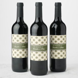 Etiqueta Para Botella De Vino Elegante Verde Salvia y Floral Geométrico Beige