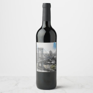Etiqueta Para Botella De Vino Elegante Watercolor Brooklyn Bridge NYC Square
