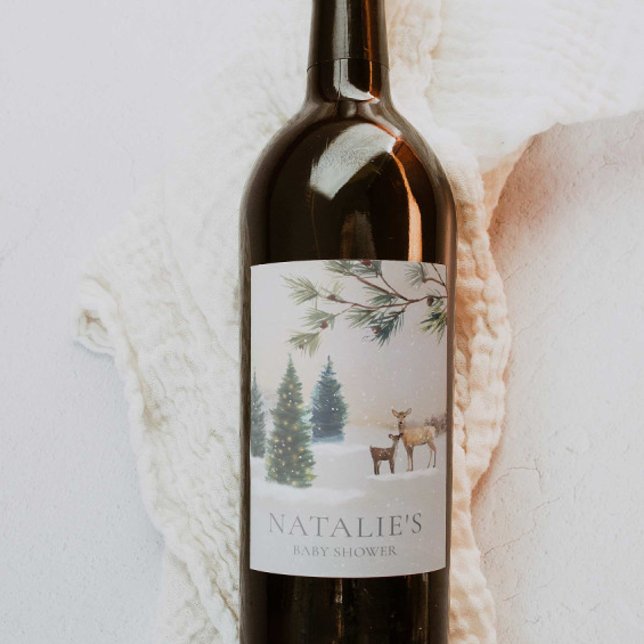 Etiqueta Para Botella De Vino Elegante Winter Woodland Baby Shower (Elegant Winter Woodland Baby Shower Wine Labels)