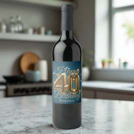 Etiqueta Para Botella De Vino Elegante y lujoso azul y oro 40 cumpleaños