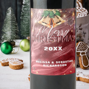 Etiqueta Para Botella De Vino Elegantes Campanas de Oro Rojo Feliz Navidad