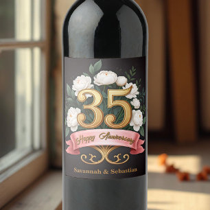 Etiqueta Para Botella De Vino Elegantes flores blancas 35 años Boda