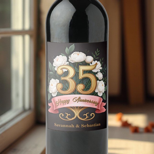 Etiqueta Para Botella De Vino Elegantes flores blancas 35 años Boda (Subido por el creador)