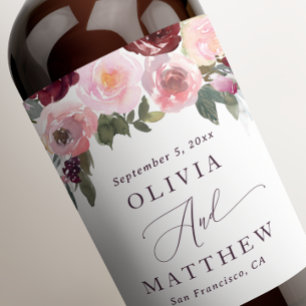 Etiqueta Para Botella De Vino Elegantes flores rosadas. Boda de flores de jardín