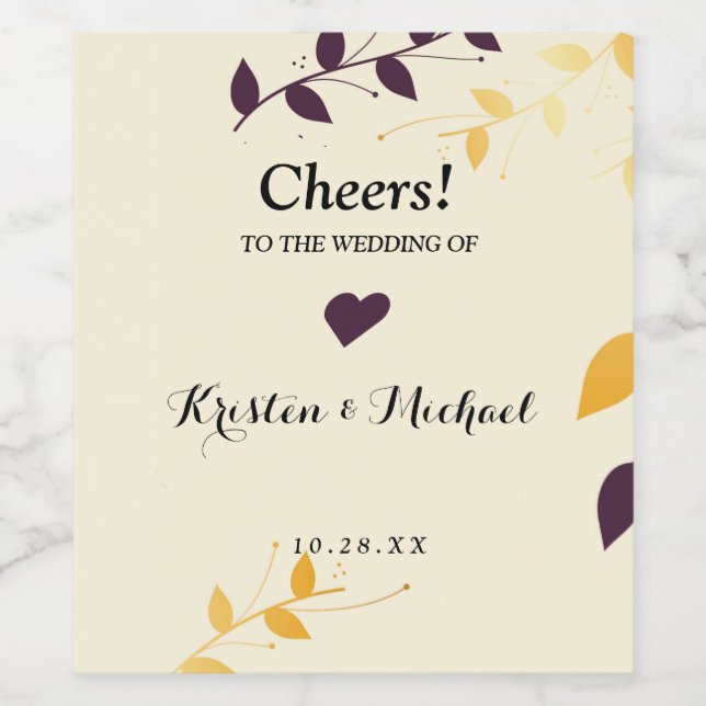 Etiqueta Para Botella De Vino Elegantes hojas doradas púrpura (Etiqueta única)