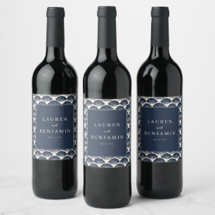 Etiqueta Para Botella De Vino Elegantes movimientos de abanico de color azul mar