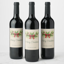 Etiqueta Para Botella De Vino Elegantes Navidades Holly y Red Bow -