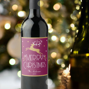Etiqueta Para Botella De Vino Elegantes Navidades renos Festividad Plum Gold
