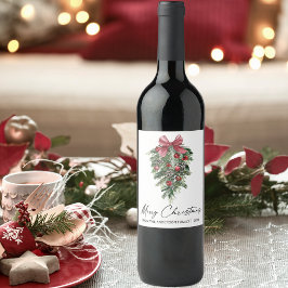 Etiqueta Para Botella De Vino Elegantes Pinos Acuarela Caligrafía Tinta Navidad