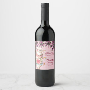 Etiqueta Para Botella De Vino Elegantes tazas de té florales rosadas apiladas pa