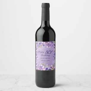 Etiqueta Para Botella De Vino Elegantes violetas moradas florales 80 cumpleaños