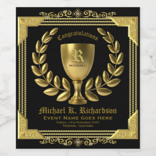 Etiqueta Para Botella De Vino Enhorabuena Monograma de Laurel de la Copa de Oro
