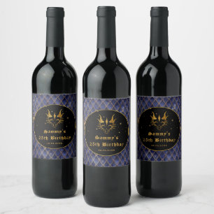 Etiqueta Para Botella De Vino Escamas de Dragón Azul Marino Cumpleaños Brillo Do