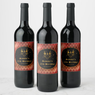 Etiqueta Para Botella De Vino Escamas de Dragón Rojo Cumpleaños Dorado Brillo Fa