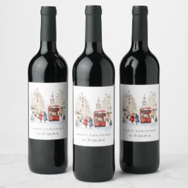 Etiqueta Para Botella De Vino Escena de la ciudad acuarela de los Navidades de L