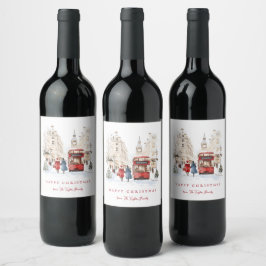 Etiqueta Para Botella De Vino Escena de la ciudad acuarela de los Navidades de L