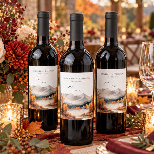 Etiqueta Para Botella De Vino Escena de montaña de otoño rústica en acuarela par
