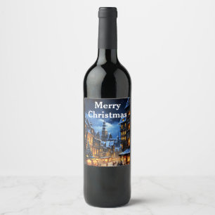 Etiqueta Para Botella De Vino Escena de pueblo invernal vintage de Navidad en ac