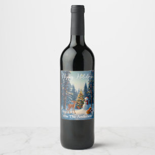 Etiqueta Para Botella De Vino Escena del árbol de Navidad Ciervo cervatillo muñe