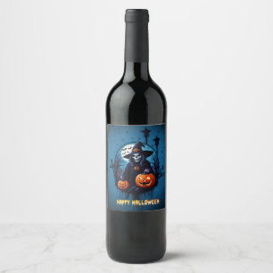 Etiqueta Para Botella De Vino Escena espeluznante de Halloween