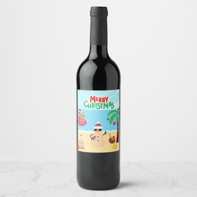 Etiqueta Para Botella De Vino Escenario de Navidades de playa (Anverso)