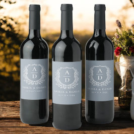 Etiqueta Para Botella De Vino Escudo azul turbio Boda monograma moderno