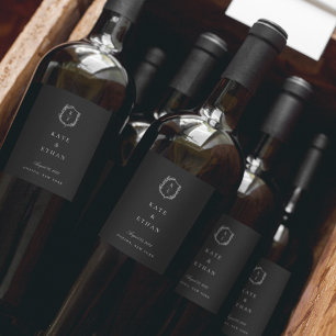 Etiqueta Para Botella De Vino Escudo botánico Monograma Boda Etiqueta del vino