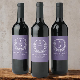 Etiqueta Para Botella De Vino Escudo Botánico Púrpura Boda Monograma moderno