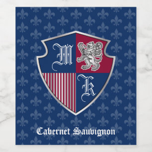 Etiqueta Para Botella De Vino Escudo de Emblem Monograma de León Plateado