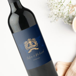 Etiqueta Para Botella De Vino Escudo de mapa de la marina de oro de la boda de d