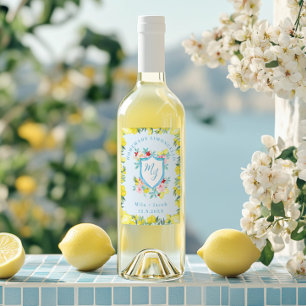 Etiqueta Para Botella De Vino Escudo de Monograma Mediterráneo Boda Limoncello