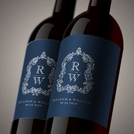 Etiqueta Para Botella De Vino Escudo de monograma vintage nombra Boda azul de la