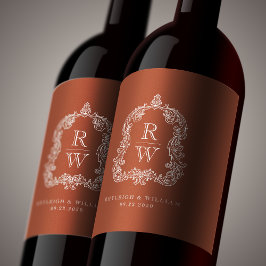 Etiqueta Para Botella De Vino Escudo de monograma vintage Nombres Boda de terrac
