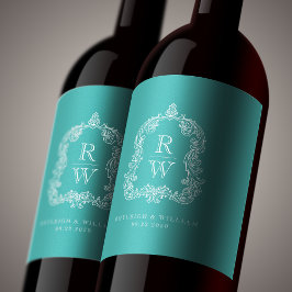 Etiqueta Para Botella De Vino Escudo de monograma vintage Nombres Boda turquesa